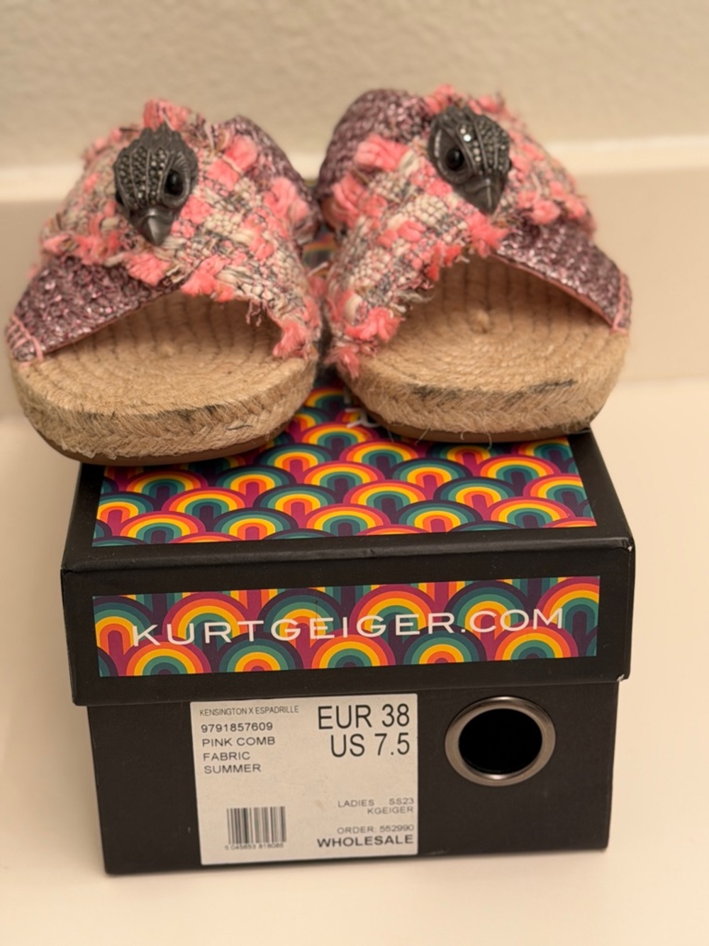 Kurt Geiger Pink Tweed Espadrille Slide Sandals